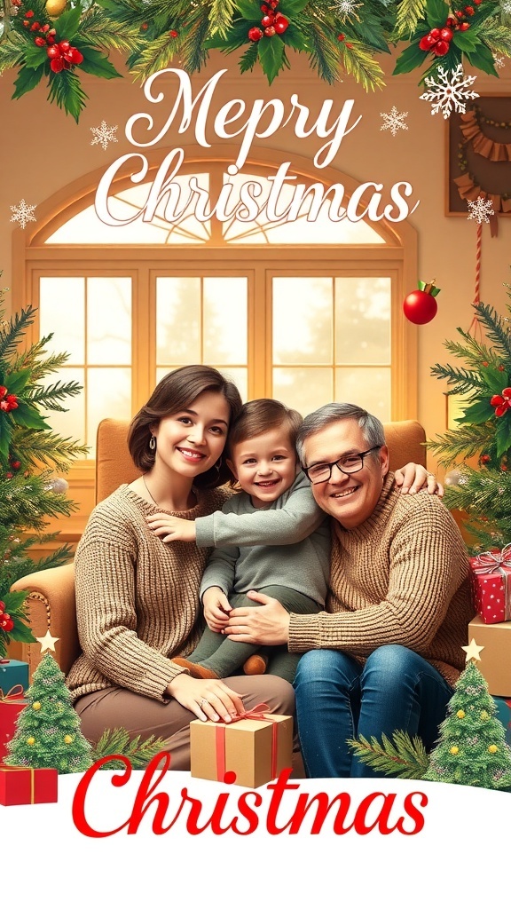 A family of three on a Christmas card, smiling in a festive setting with holiday decorations.